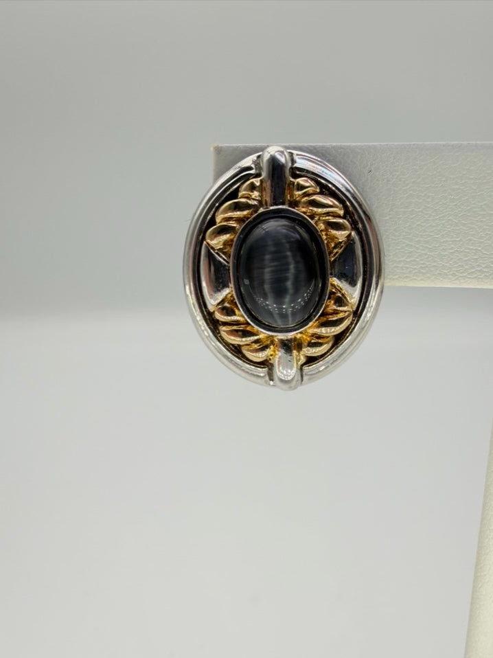 ST. JOHN Silver & Gold Tone Clip On Earrings w/ Black Gemstone