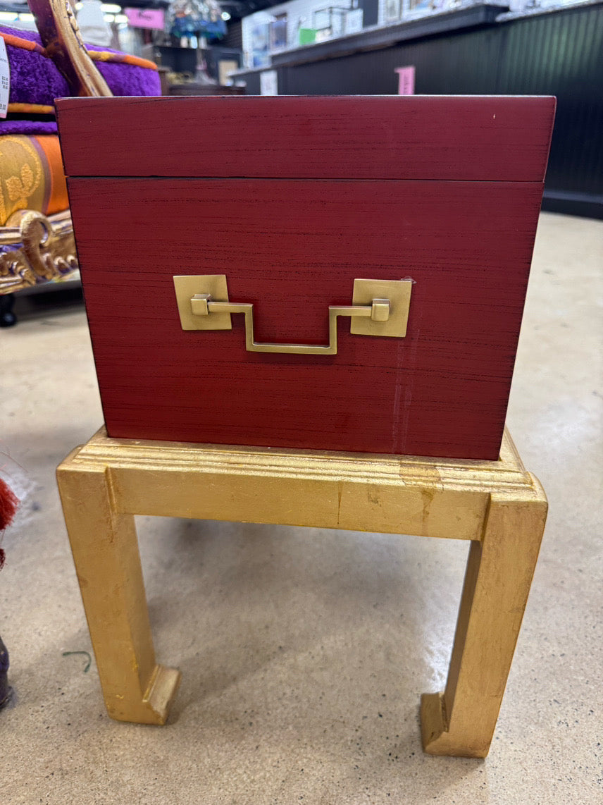 Red Box w/ Brass Mounts on Gold Stand