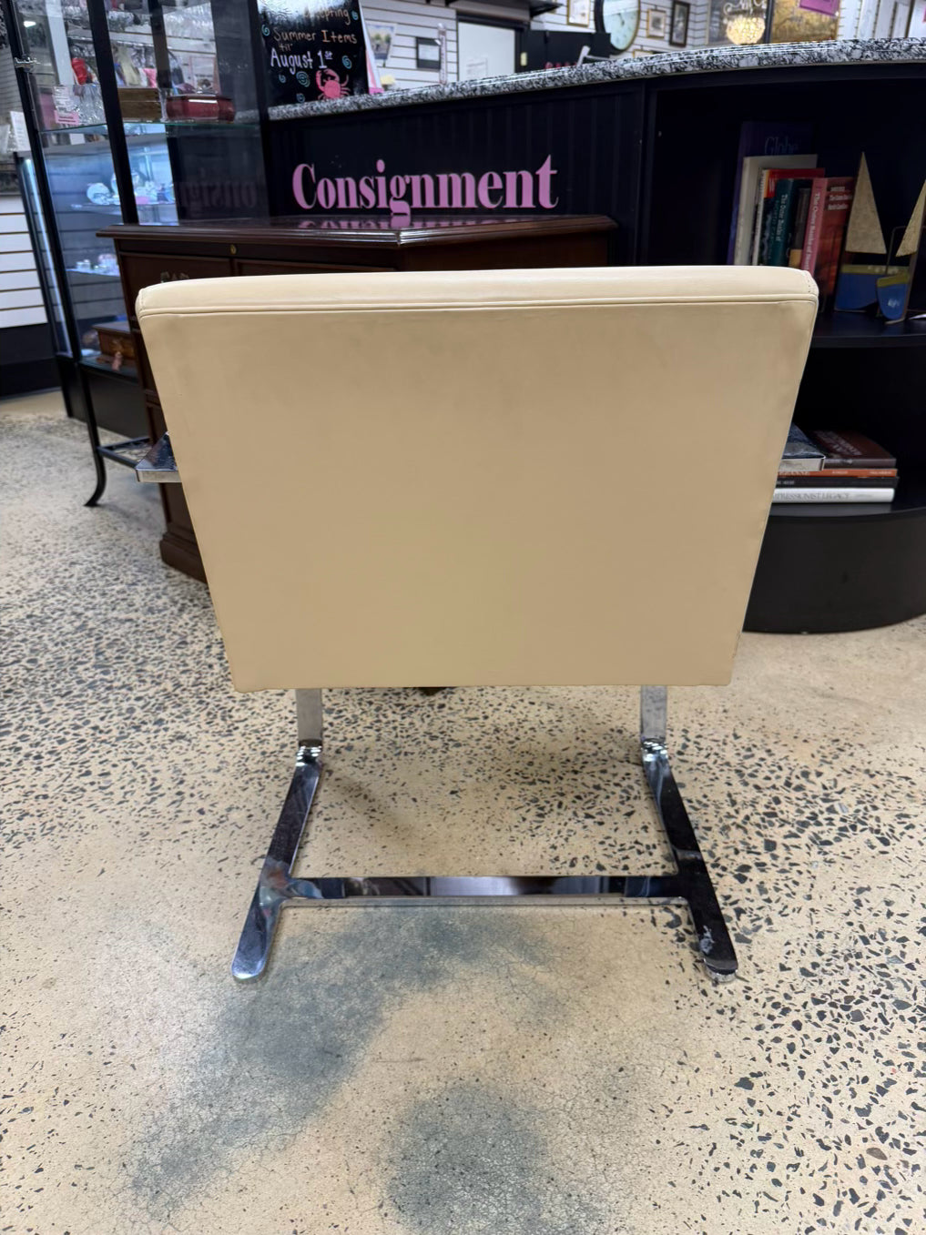 Knoll Style Cream Leather Like Chair w/ Chrome Legs