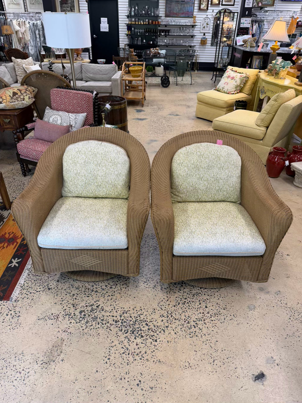 LOYD LOOM Carmel Wicker Pair Swivel Outdoor Chairs w/ Cushions