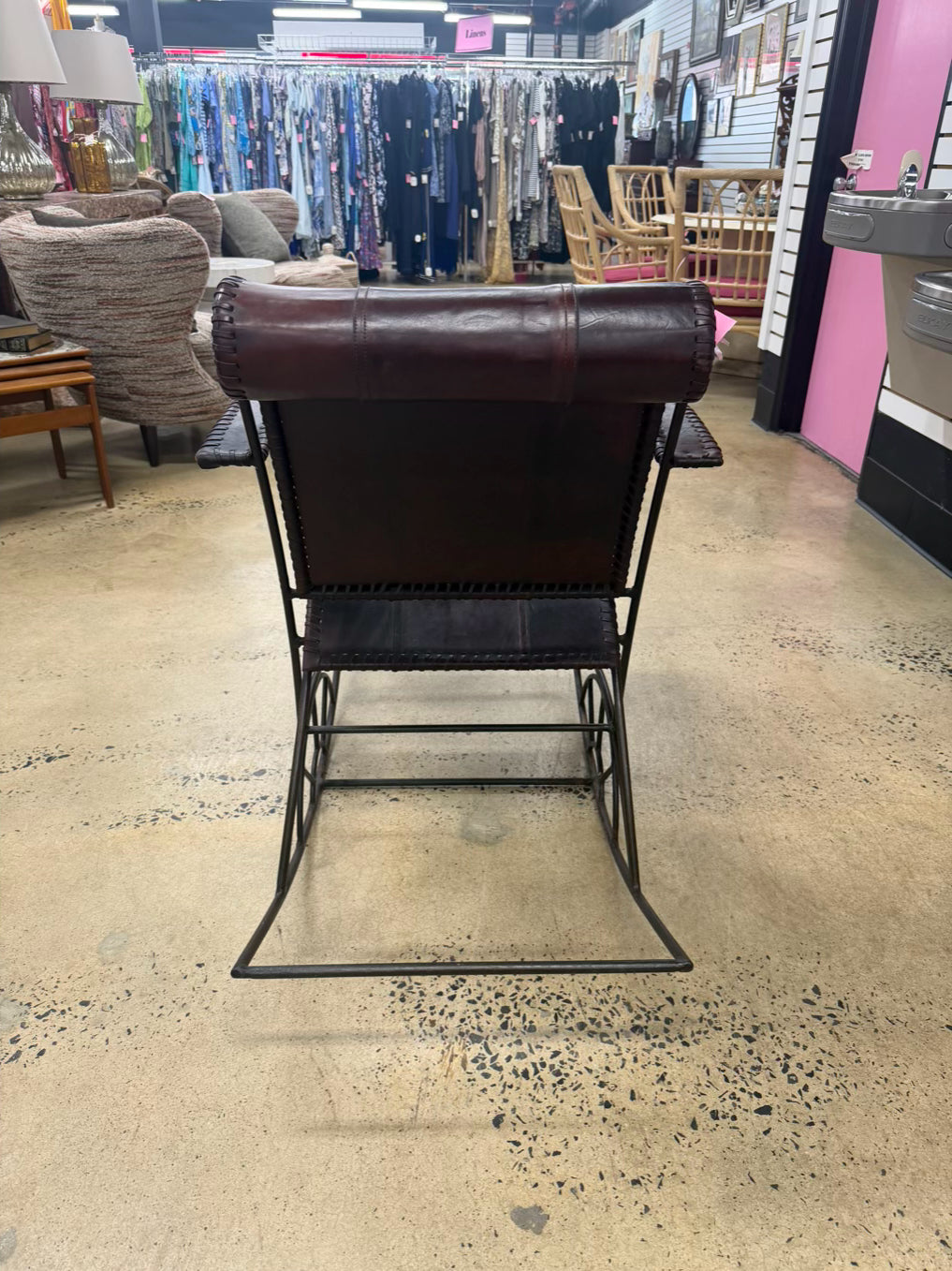 Brown Leather & Metal Rocking Chair