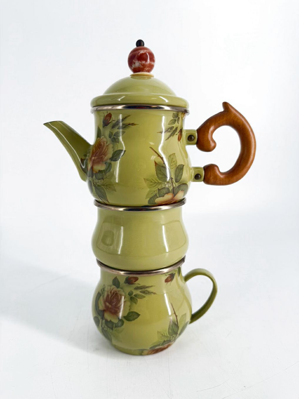 MACKENZIE CHILDS Green Enamel Floral 3 Piece Tea Set
