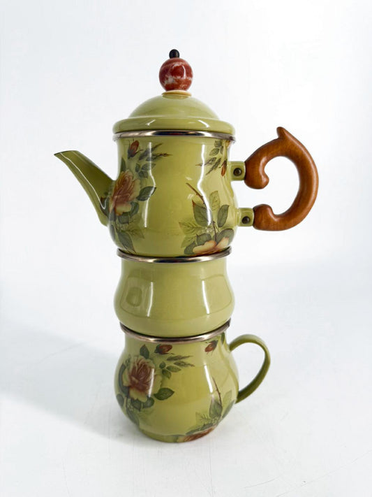 MACKENZIE CHILDS Green Enamel Floral 3 Piece Tea Set