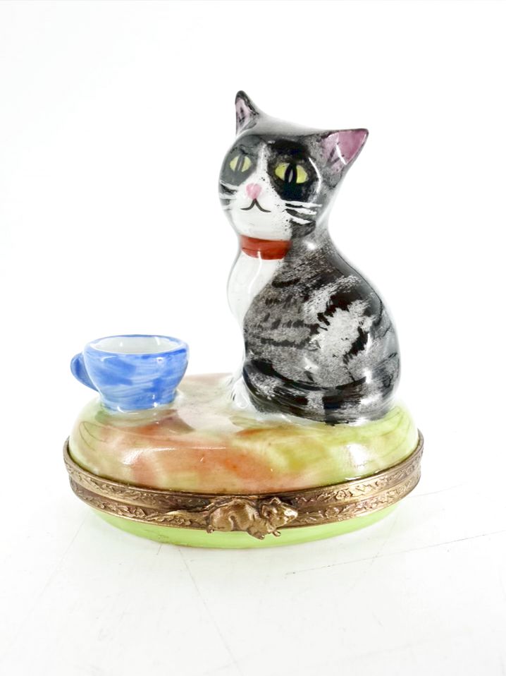 LIMOGES Black, Green & Blue Porcelain Cat Trinket Box