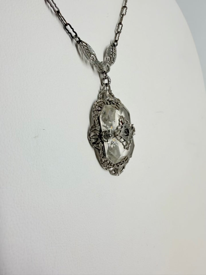 Silver Like Clear Emerald Cut Art Deco Necklace
