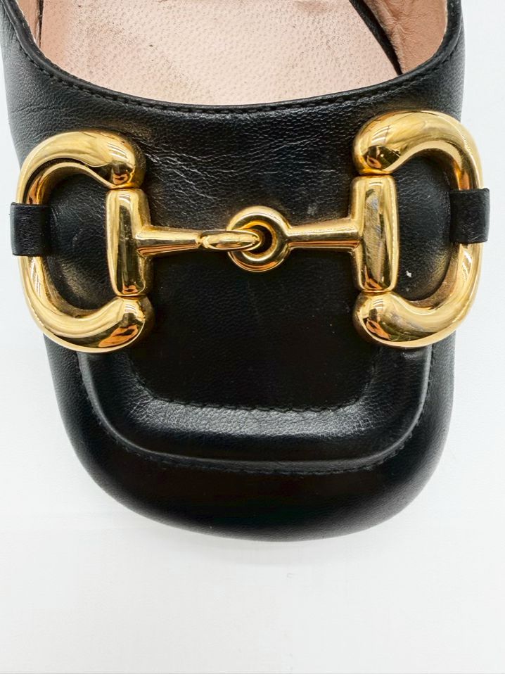 GUCCI WMNS Size 36.5 Black Leather Horsebit Accent Slingback Block Heel