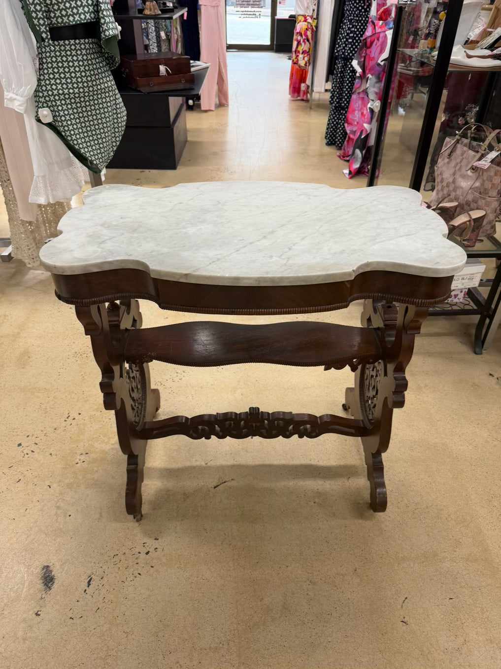 VICTORIAN Rococo Revival Style Wood & Marble Occasional Table