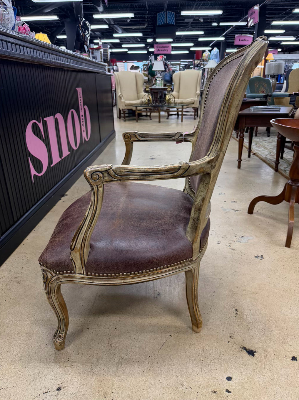OLD HICKORY TANNERY French Provincial Cream Wood Chair w/ Brown Leather