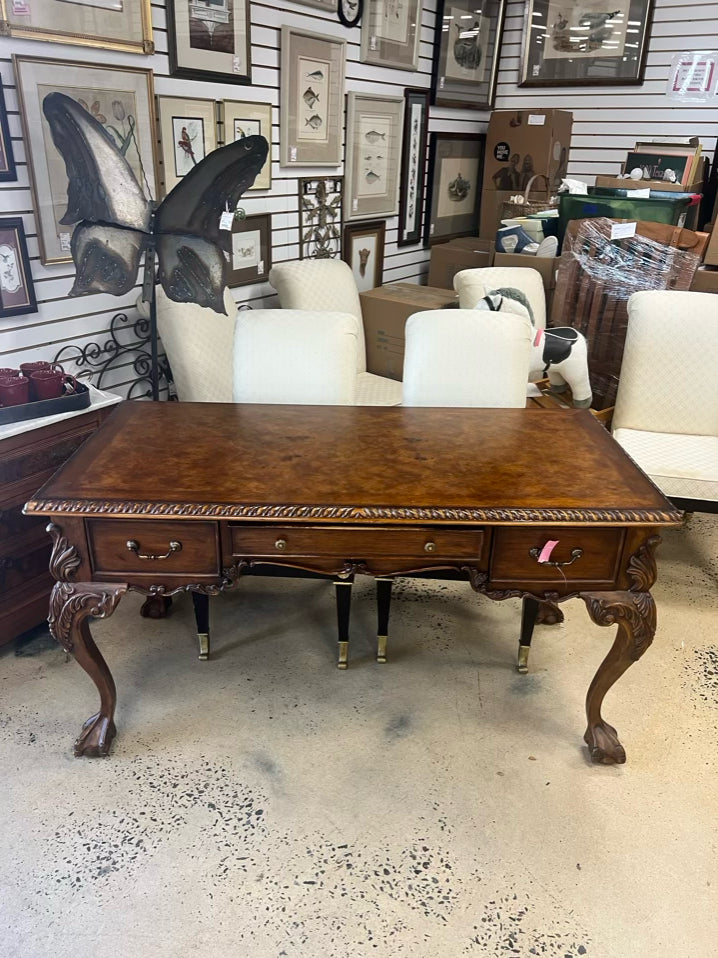 Medium Brown Carved Wood Writing Desk w/ 3 Drawers