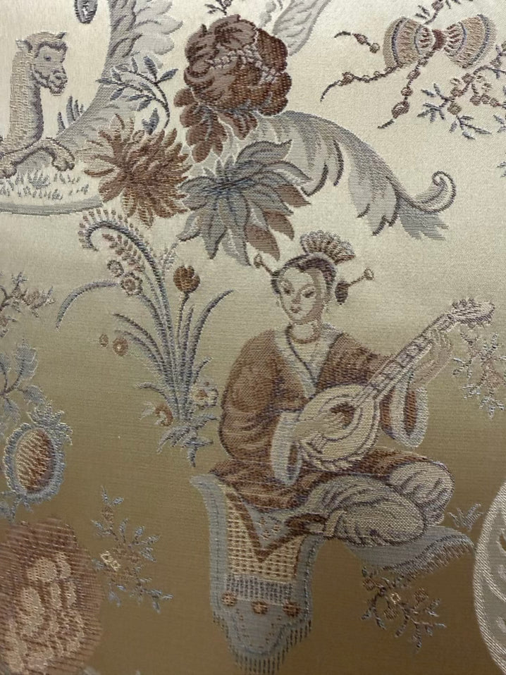 High back Armless Pair Of Chairs w/ Asian Jacquard Fabric