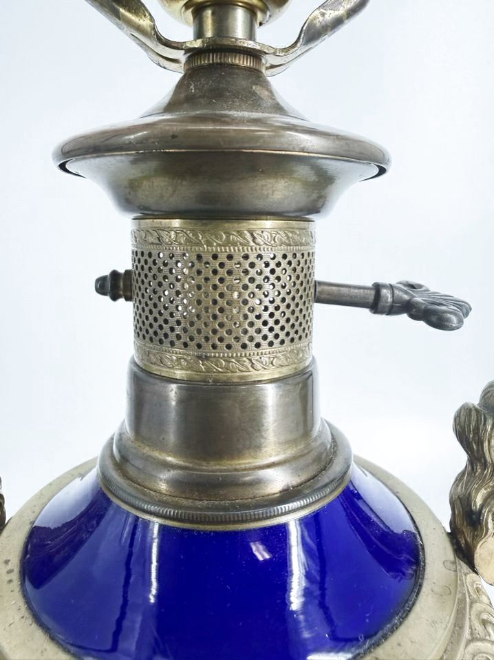 Neo Classical Cobalt Porcelain & Brass Pair Of Lamps