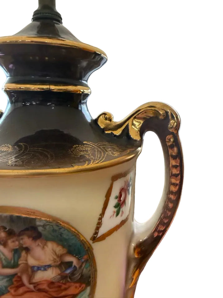 Cream & Gold Hand Painted Porcelain Urn Pair Of Lamps w/ Shades