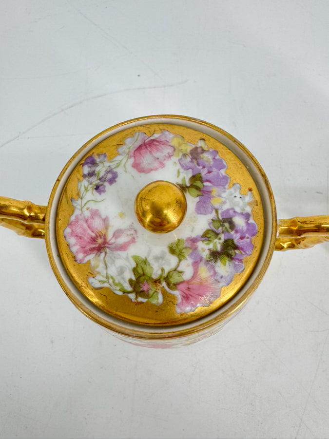 LIMOGES Pink, Purple & Gold Floral Porcelain Cream & Sugar