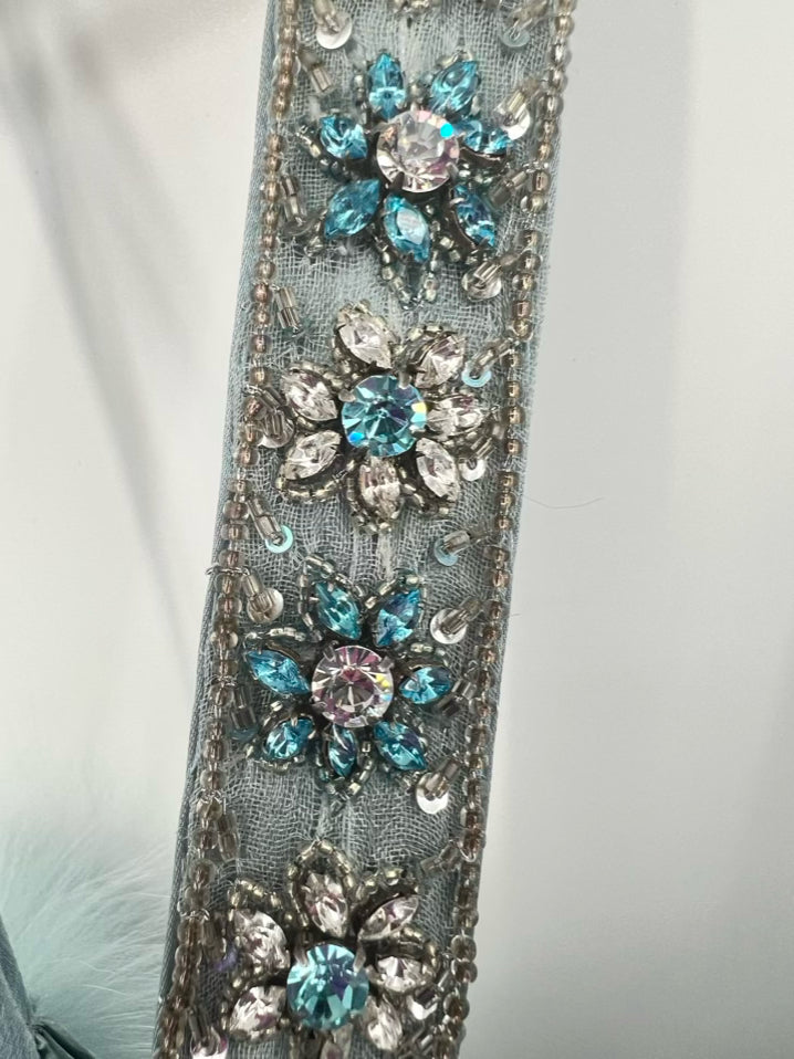 BELLVILLE SASSOON by LORCAN MULLANY Size 10 Ice Blue Fox Fur Silk Evening Gown