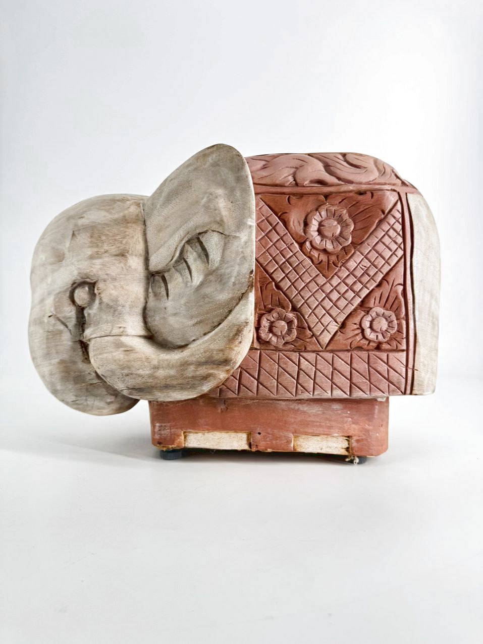 Pink & Cream Carved Wood Elephant Figure