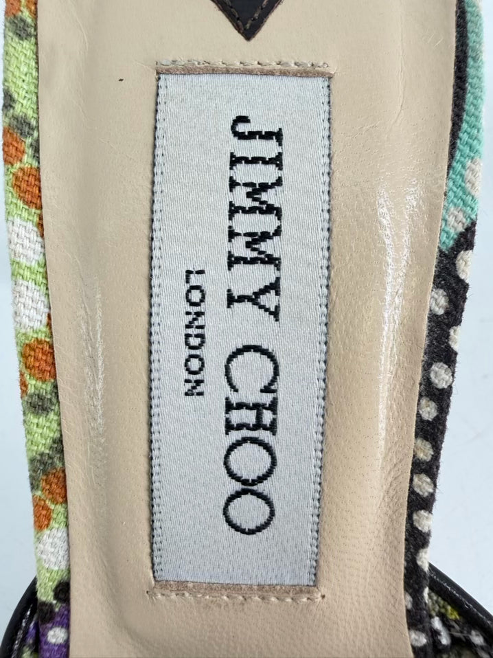 JIMMY CHOO Size 38 Purple & Green Canvas Print Heels