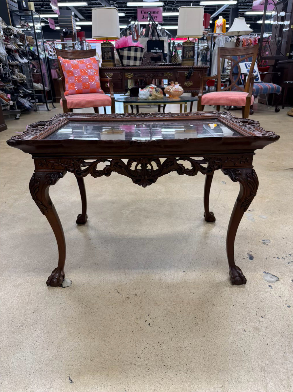 ANTIQUE Queen Ann Wood Carved Coffee Table w/ Removable Glass Serving Tray