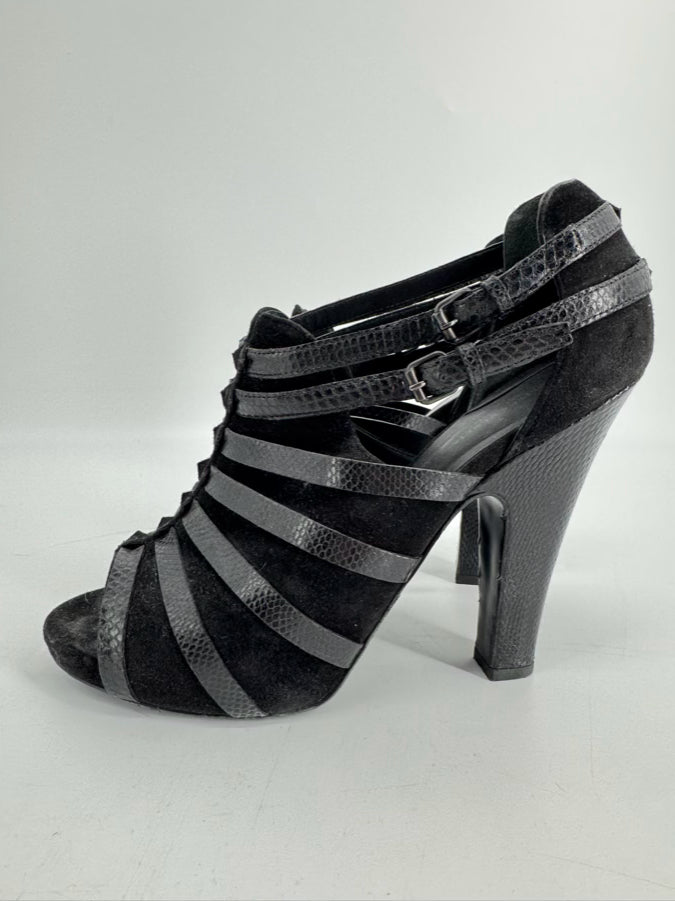 BOTTEGA VENETA Size 40 Black Suede & Embossed Leather Strappy Peep Toe Heels