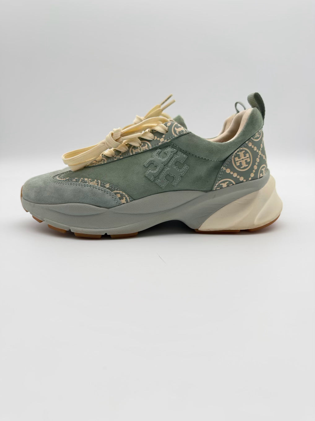 TORY BURCH WMNS Size 8.5 Teal & White Leather Monogram Sneakers