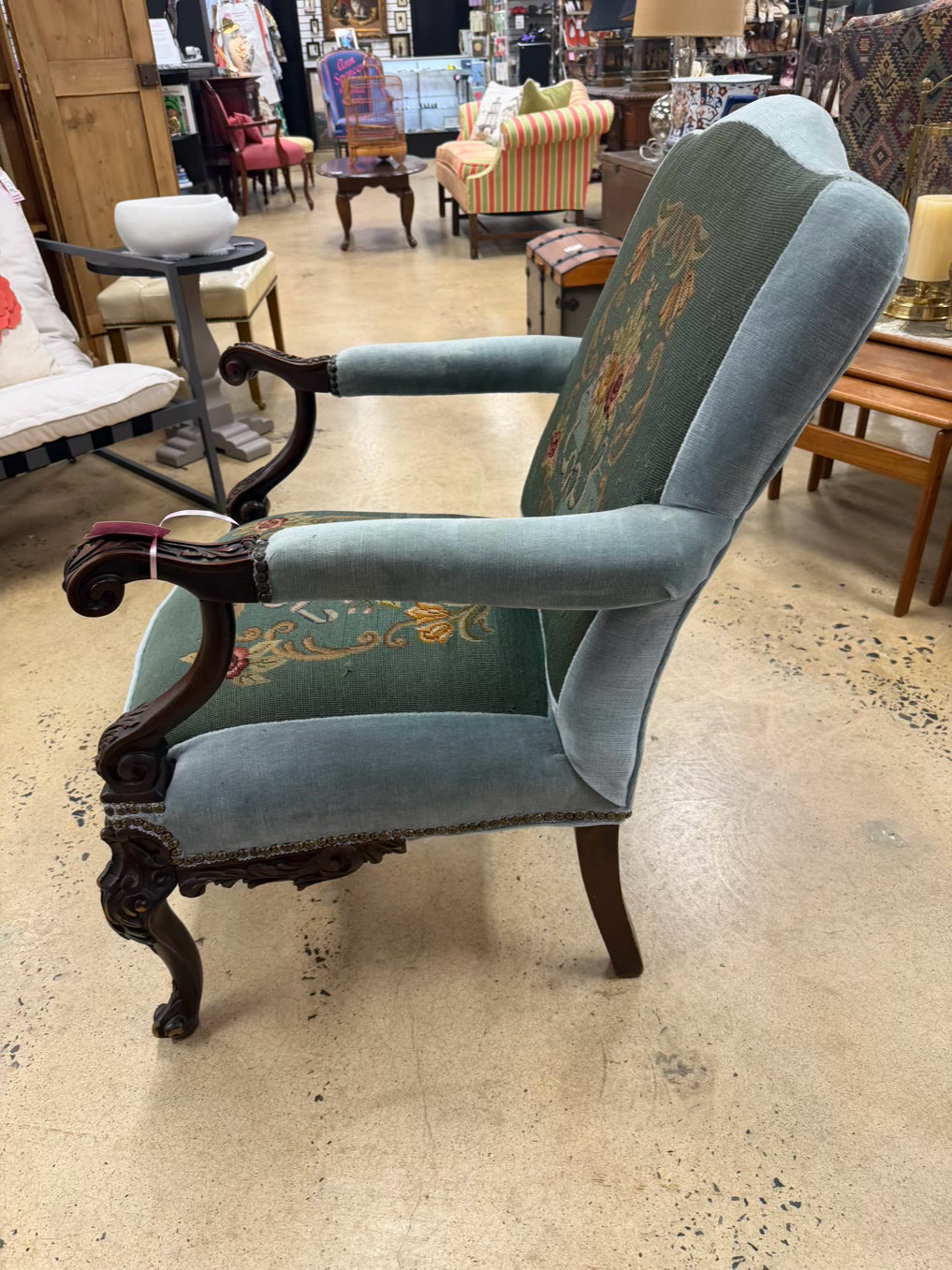 Blue & Pink Wood Queen Ann Chair w/ Needlework