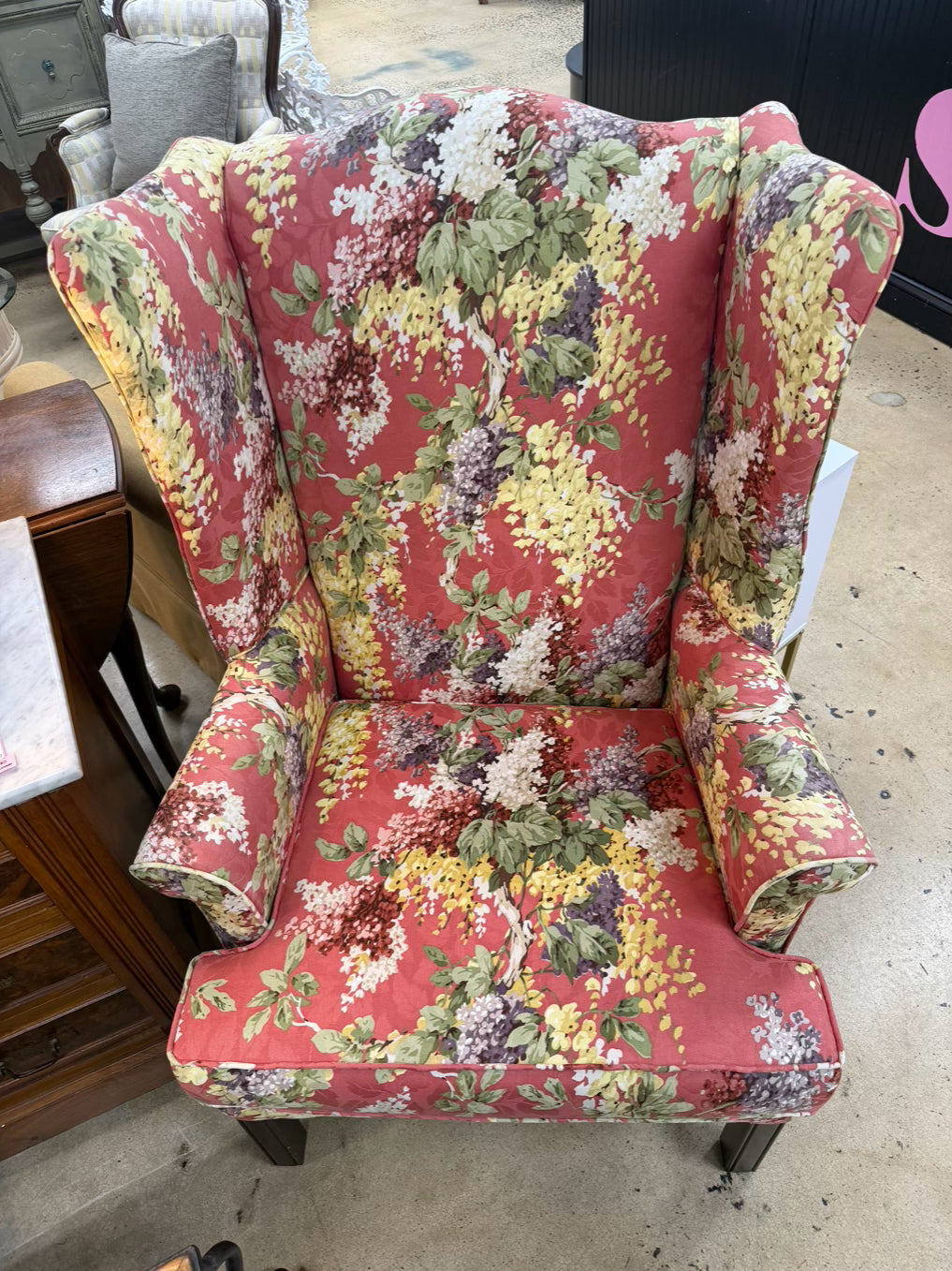 Salmon, Green & Yellow Floral Wing Back Chair