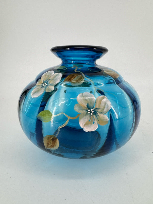 FENTON S. BRYAN Blue Glass Hand Painted Flowers Vase