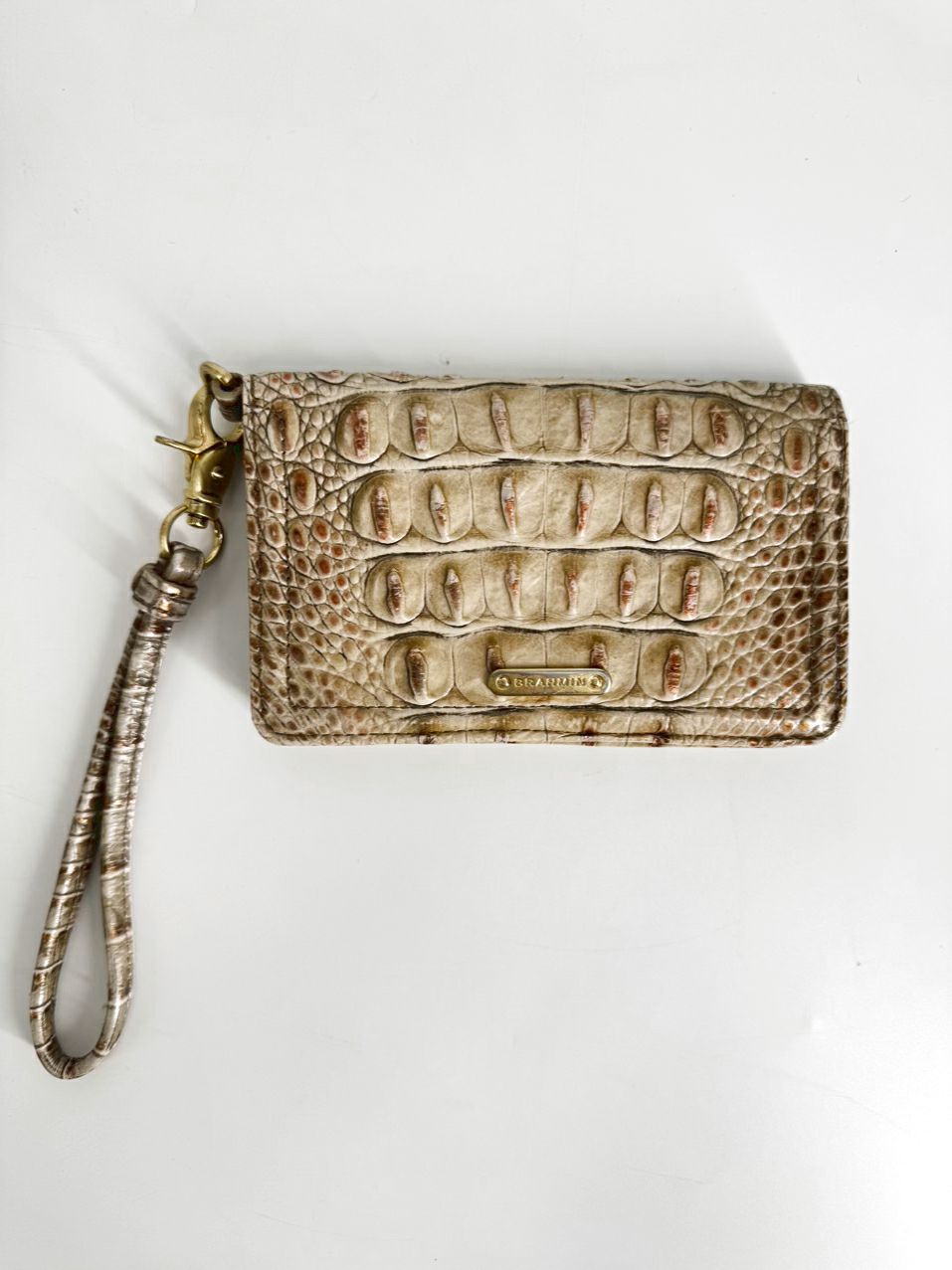 BRAHMIN Cream Embossed Leather Wristlet