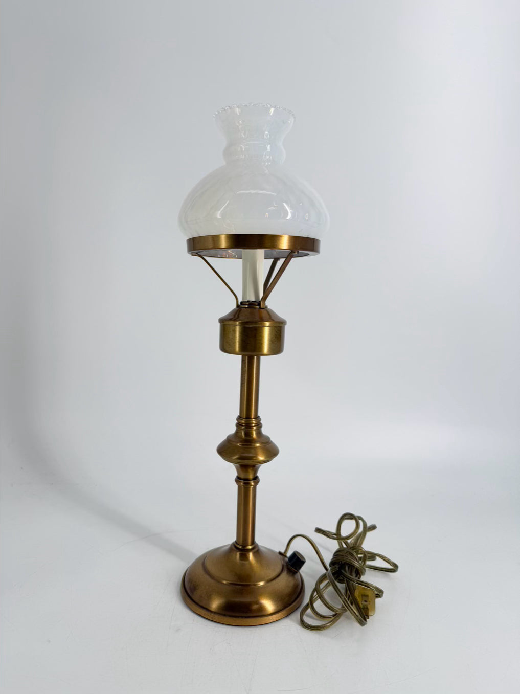 VINTAGE Mid-Century Brass Hurricane Pair Of Lamps w/ White Swirl Glass Globes