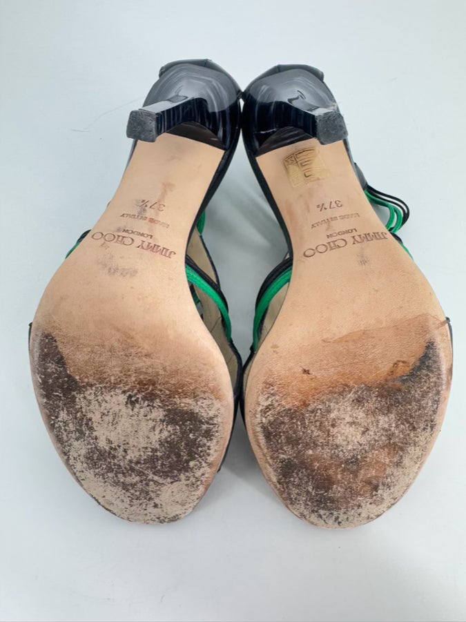 JIMMY CHOO Size 37.5 Green & Black Leather Strappy Pumps