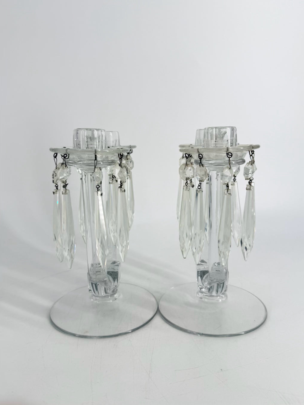HEISEY Clear Glass Pair Of Candleholders w/ Babiches