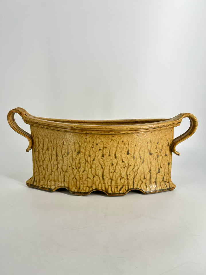 SIGNED Gold & Tan Pottery Vase w/Handles