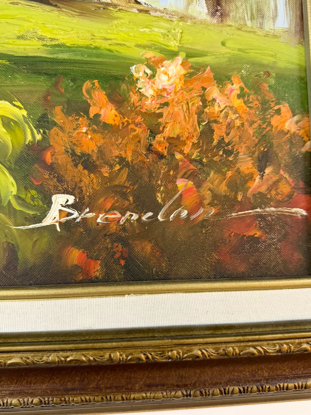 SIGNED Homes By The Lake Painting In Bronze Tone Frame