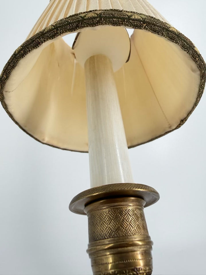 Brass & Bronze Candlestick Classical Rival Figural Pair of Lamps w/ Shades