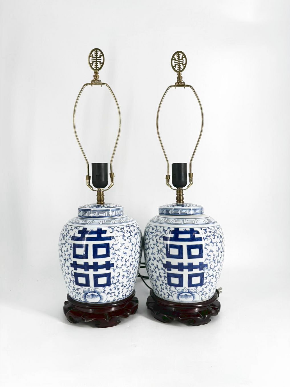 Blue & White Oriental Inspired Ceramic Ginger Jar Pair of Lamps w/ No Shades