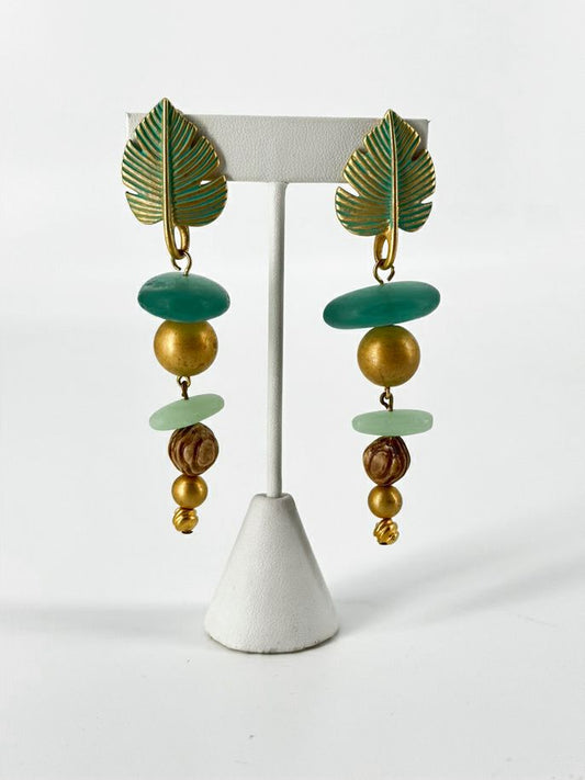 GIVENCHY Gold Tone Green Leaf Long Beaded Clip On Earrings