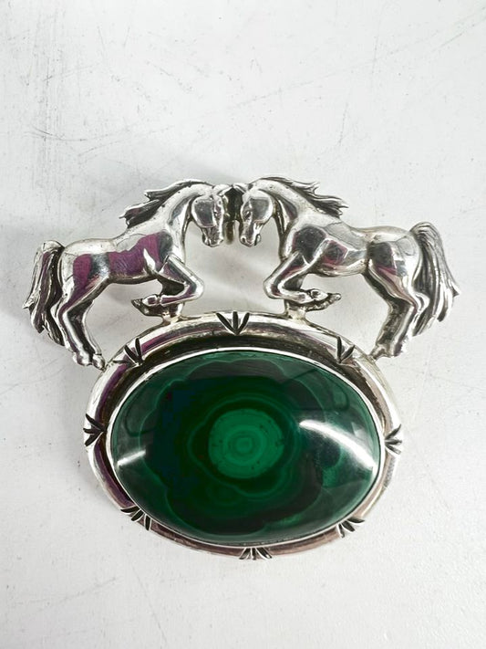STERLING SILVER Malachite Horse Brooch