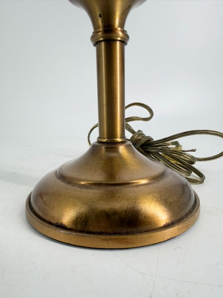 VINTAGE Mid-Century Brass Hurricane Pair Of Lamps w/ White Swirl Glass Globes