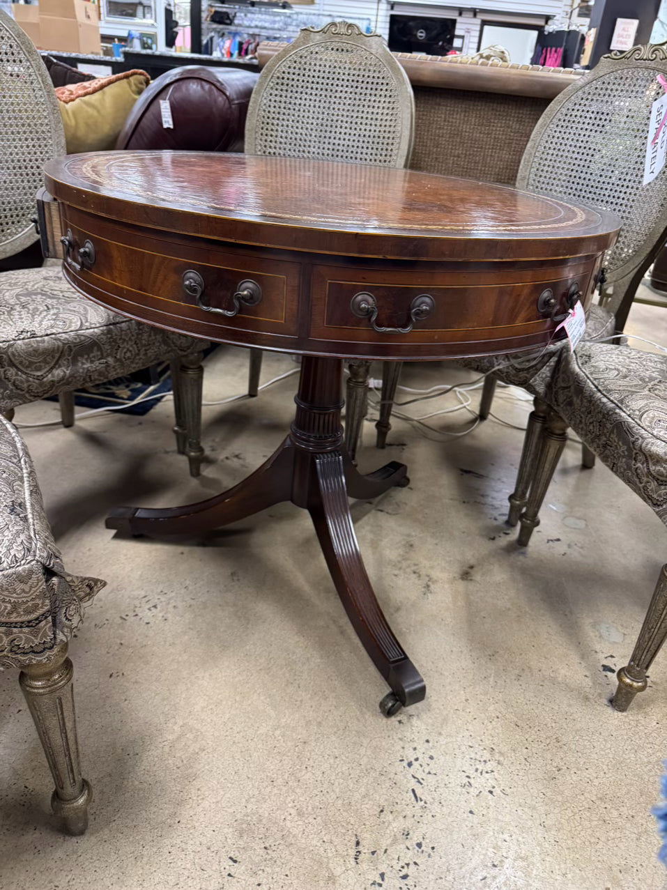 VINTAGE Wood Leather Top Round Occasional Table