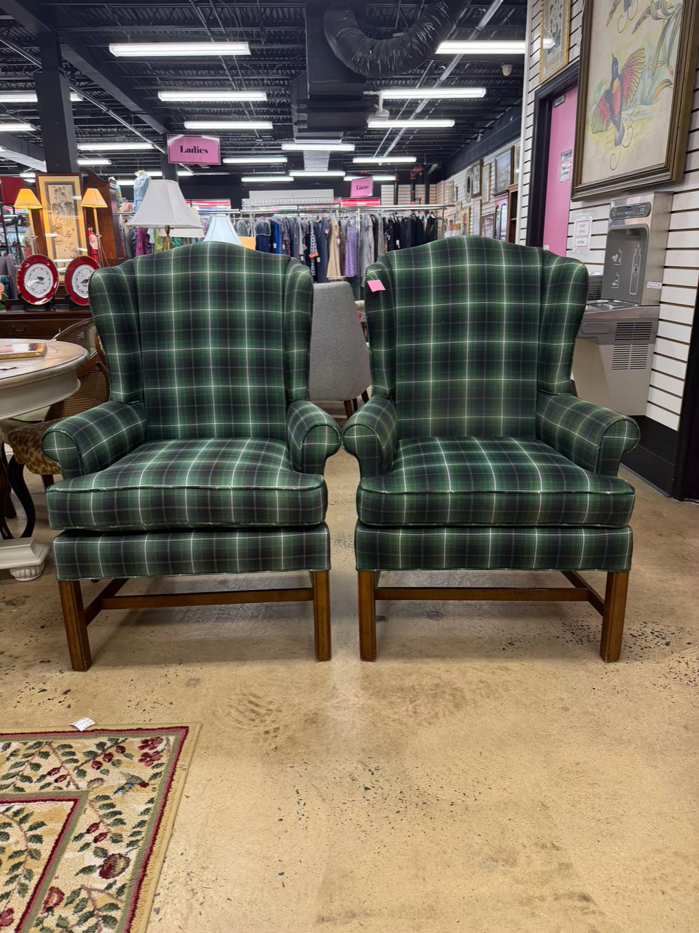 Green & White Plaid Tartan Pair Of Wing Back Chairs