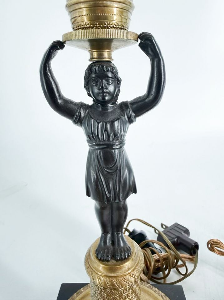 Brass & Bronze Candlestick Classical Rival Figural Pair of Lamps w/ Shades