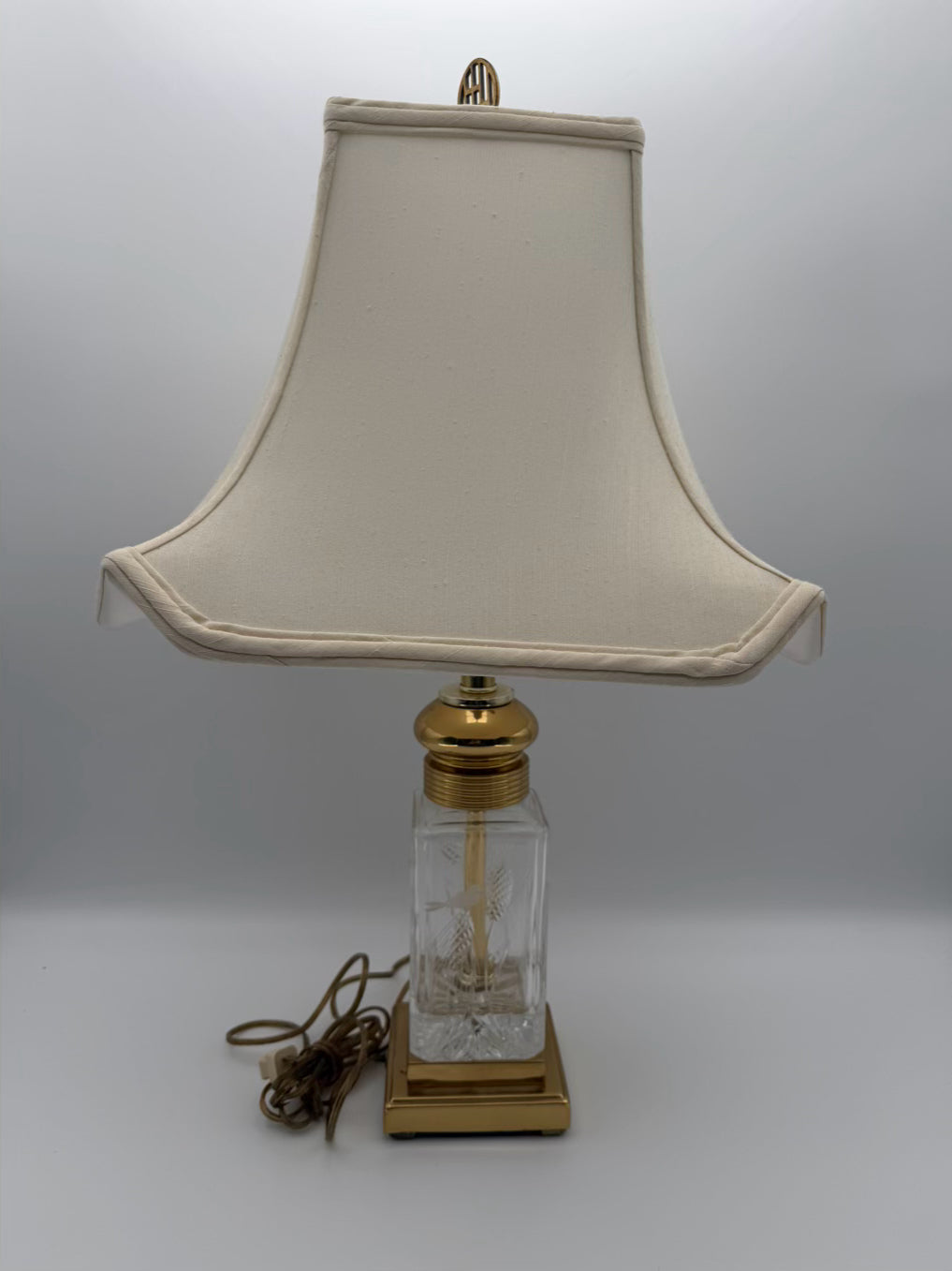 Square Clear Crystal & Brass Lamp w/ Ivory Silk Shade
