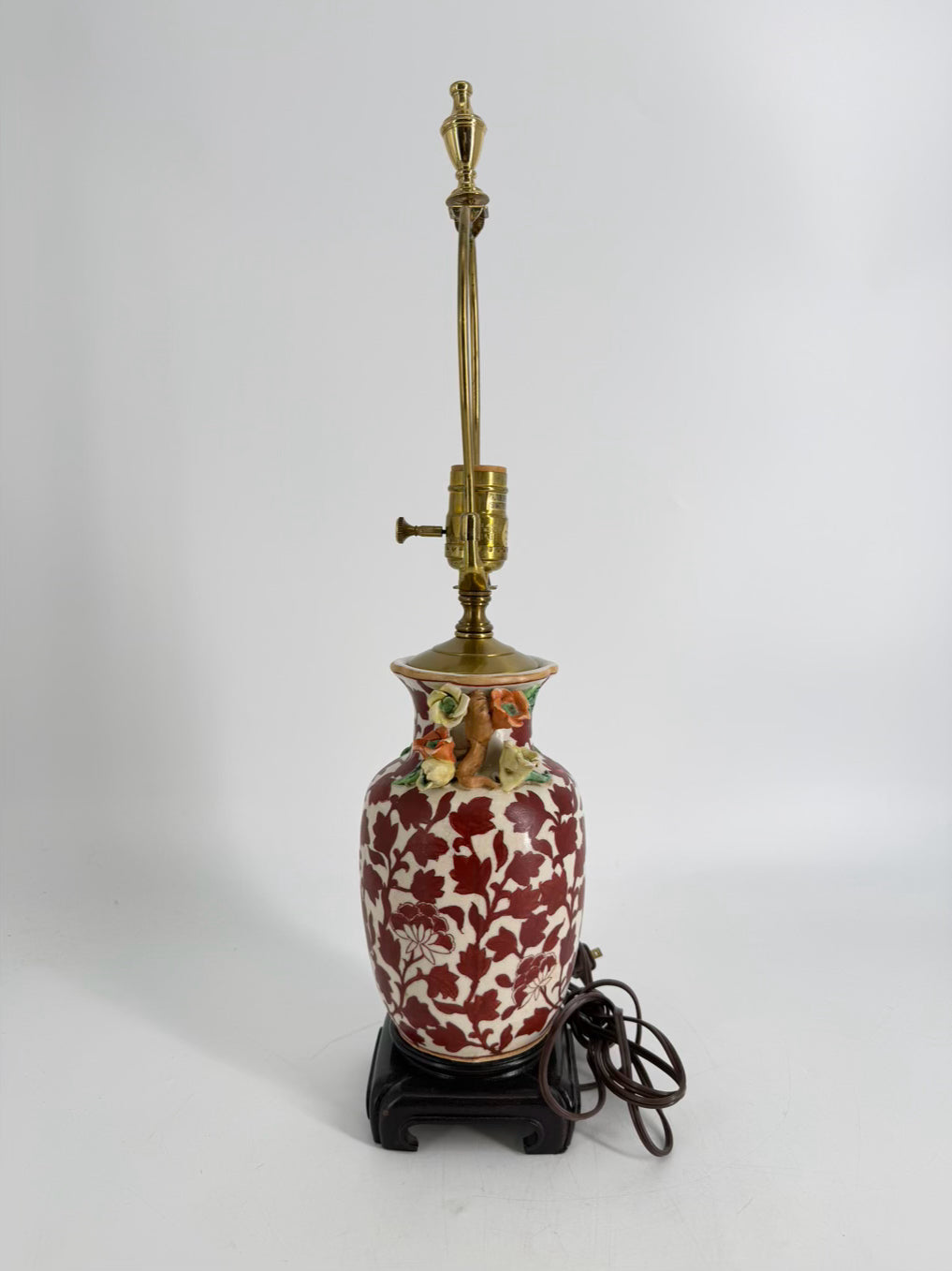 VINTAGE  Rust & Cream Ceramic Lamp w/ Flower Detail On Sides No Shade