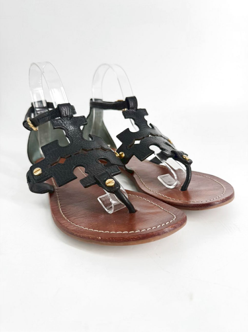TORY BURCH Size 8 Black Leather Monogram Sandals