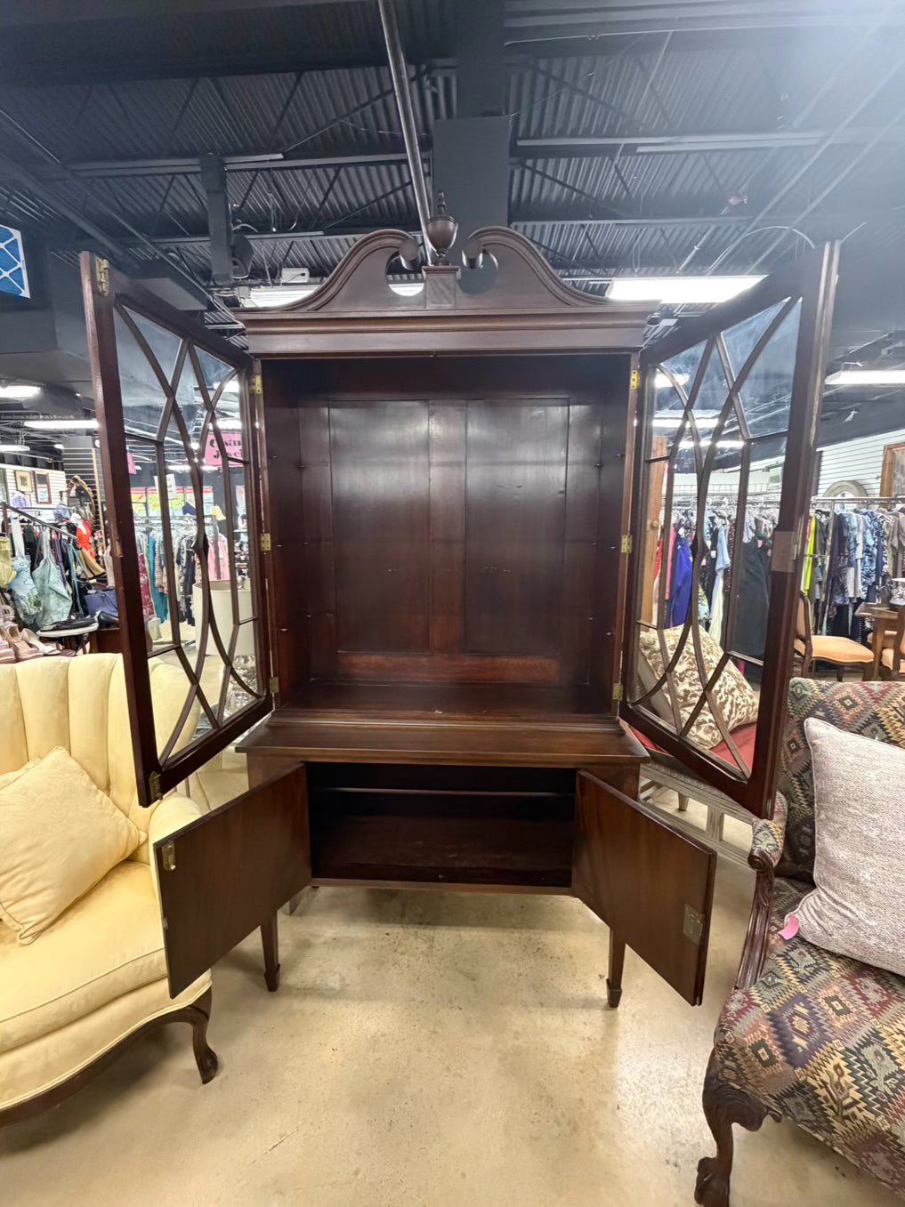 VINTAGE Dark Wood Cabinet w/ Glass Doors