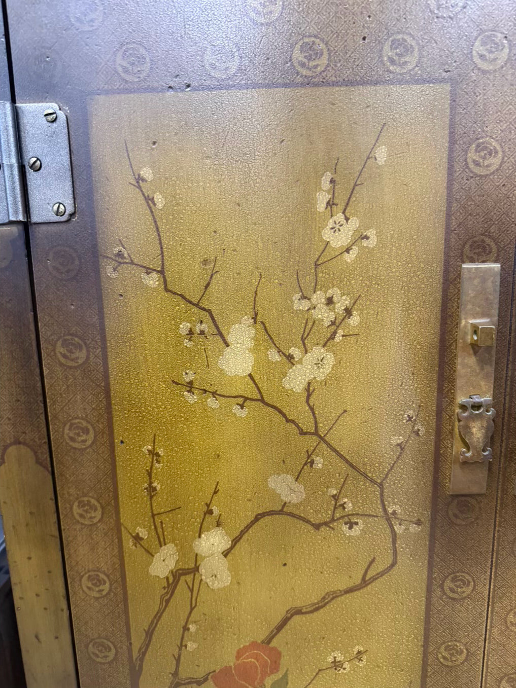 Gold & Red Wood Asian Inspired Tree Cabinet w/ Open Upper Shelf