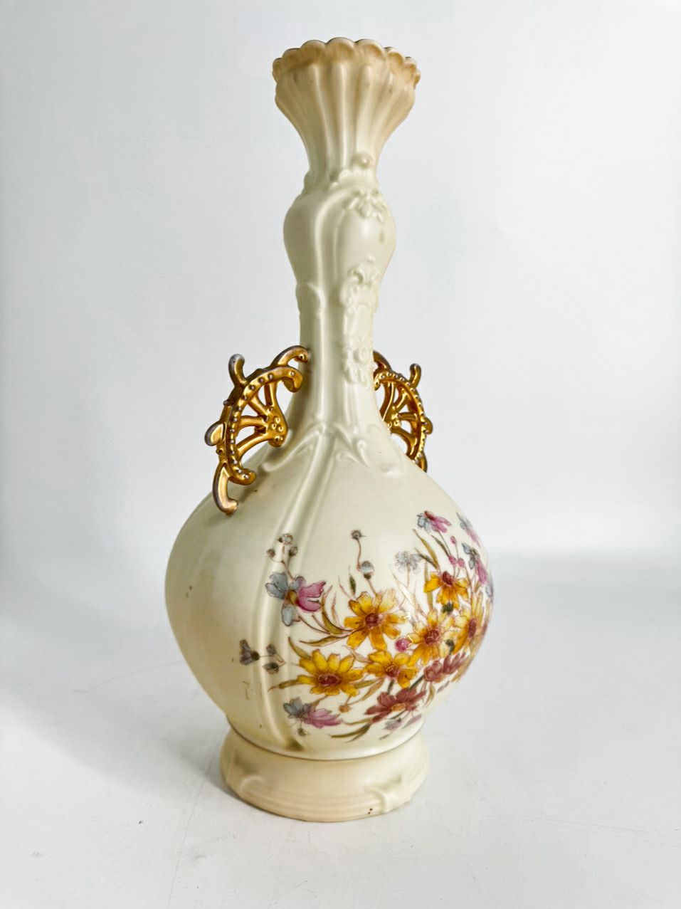 GERMANY-RUDOLSTADT Cream & Pink/Yellow Flowers Porcelain Vase