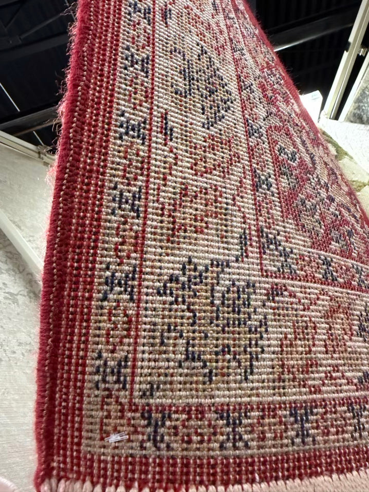 Oriental Red, Cream & Blue Area Rug w/ Fringe
