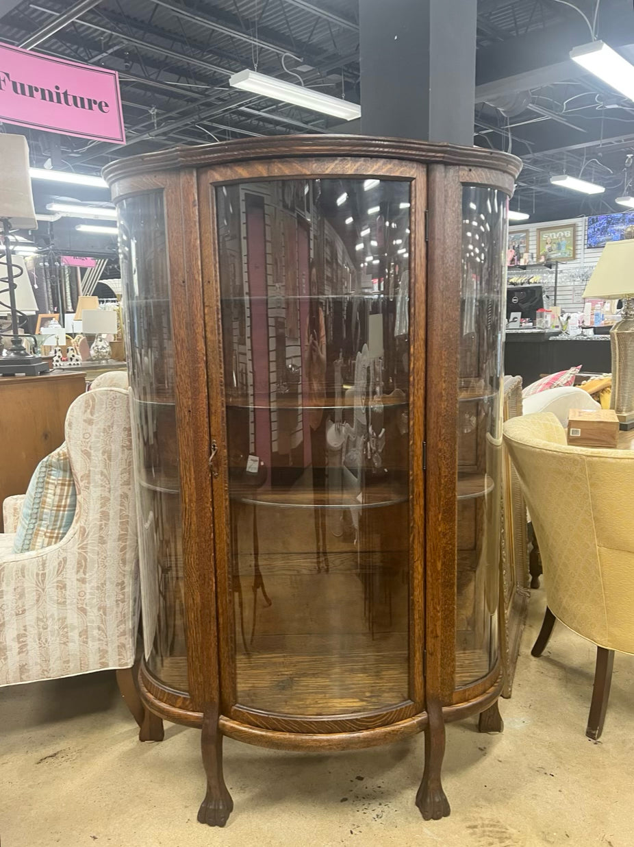 Dark Tiger Oak Bow Front China Cabinet w/ Shelves
