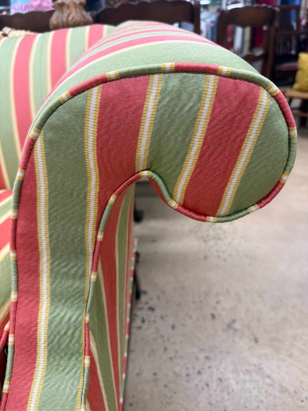 Salmon, Green & Yellow Striped Chippendale Sofa