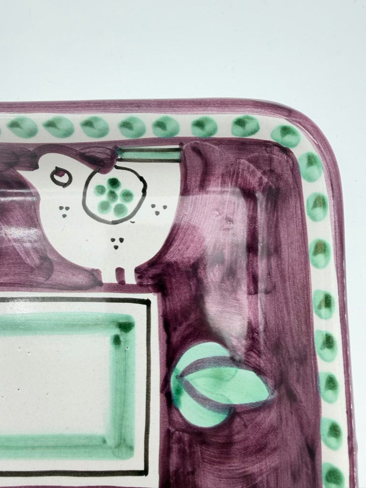 VIETRI Purple & Aqua Pottery Birds Bread Tray w/ 2 Small Oil & Vinegar Bowls